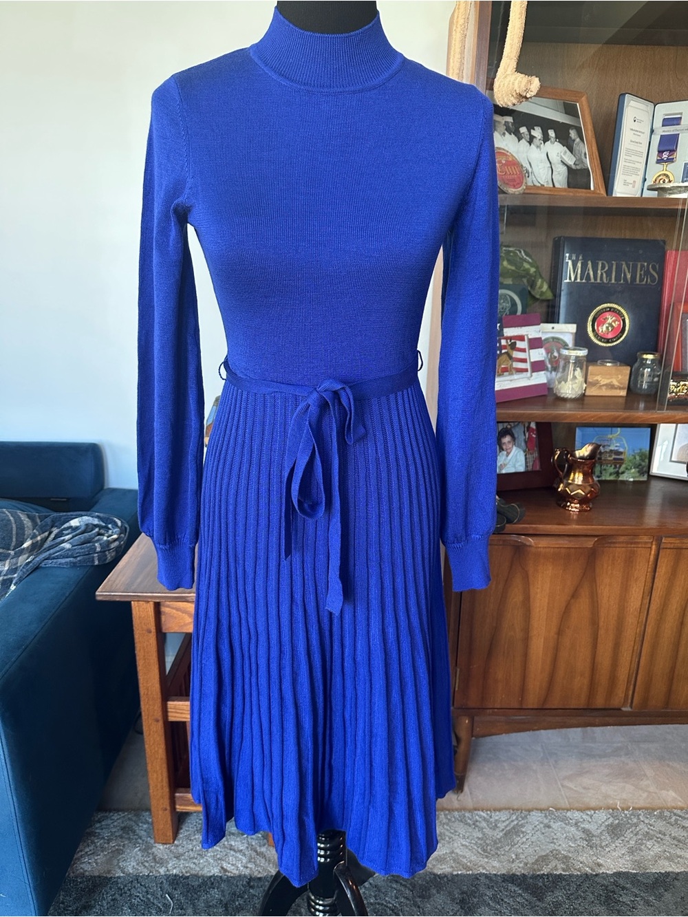 Nina Leonard Royal Blue Long Sleeve Pleated Midi Dress